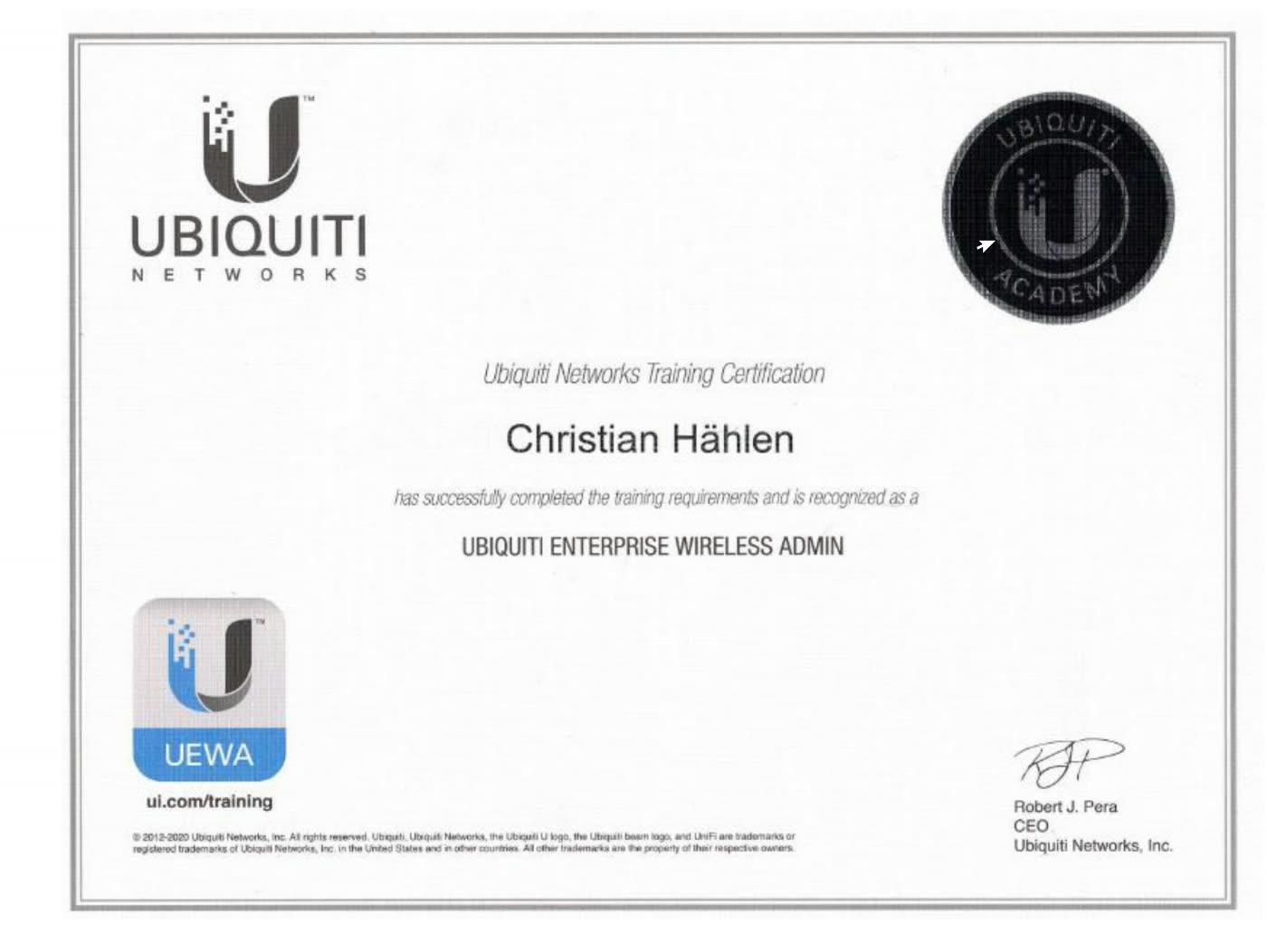 Ubiquiti Networks Training Certification: Christian Hählen – Ubiquiti Enterprise Wireless Admin (UEWA)