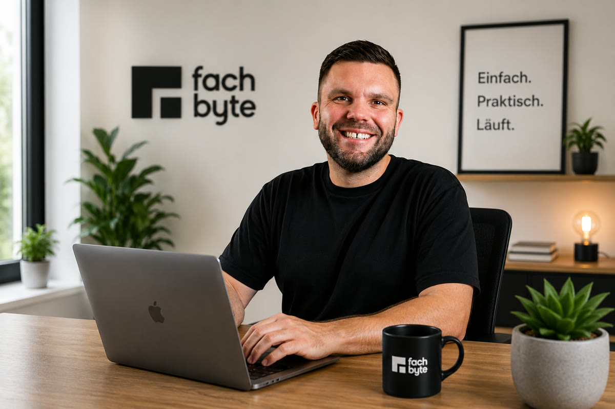 Christian Hählen an seinem Arbeitsplatz mit Laptop und Fachbyte-Tasse